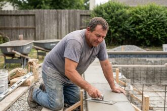 Homme en t-shirt et jeans construit une piscine
