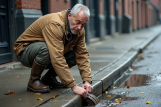 Homme en vêtements de travail près d'une bouche d'égout urbaine