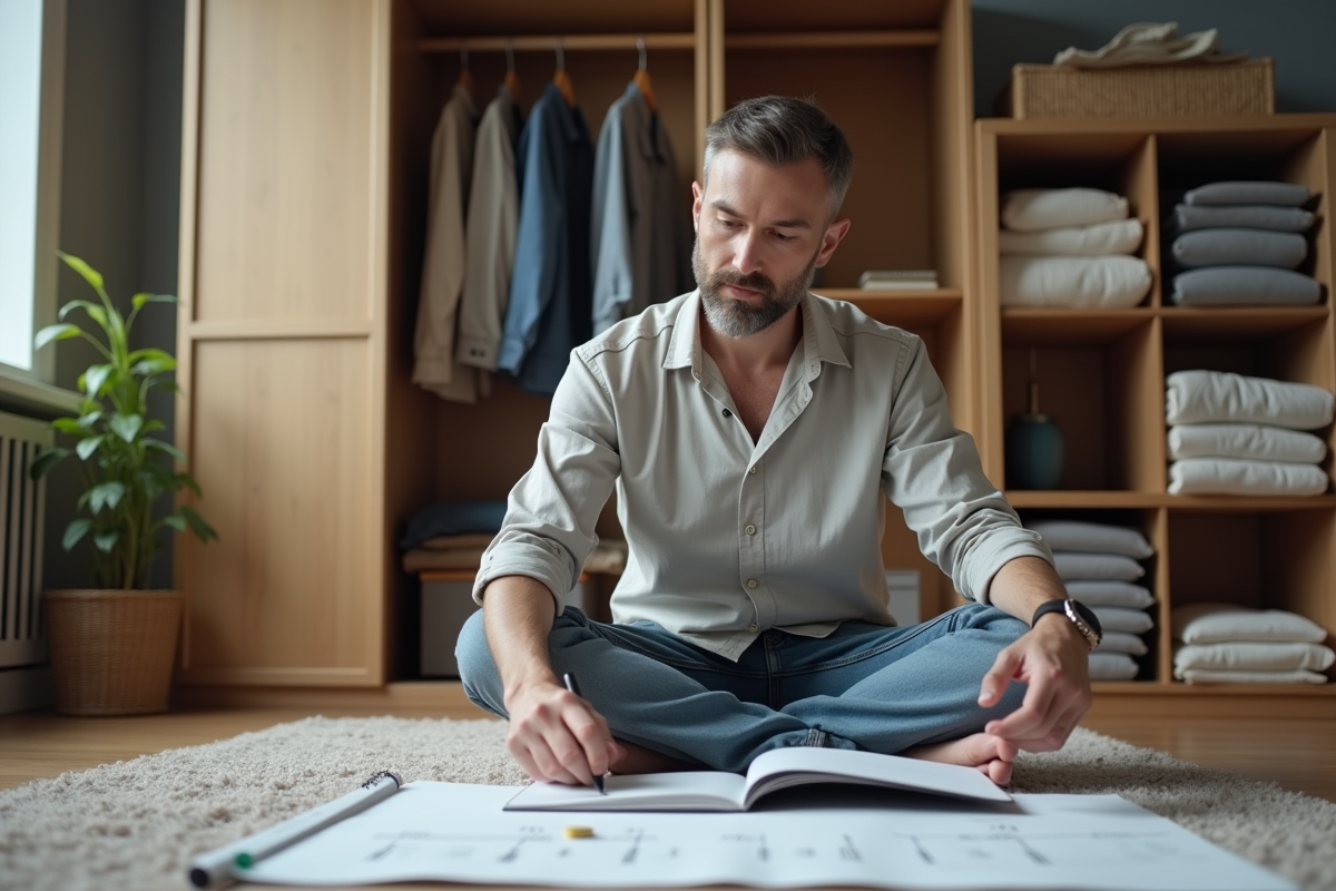 Homme dessinant des dimensions de meubles dans une chambre moderne
