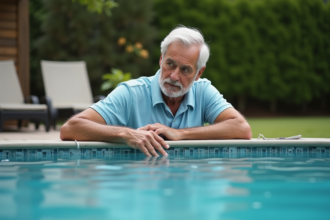 Homme d'âge moyen examine la surface de la piscine en fibre de verre