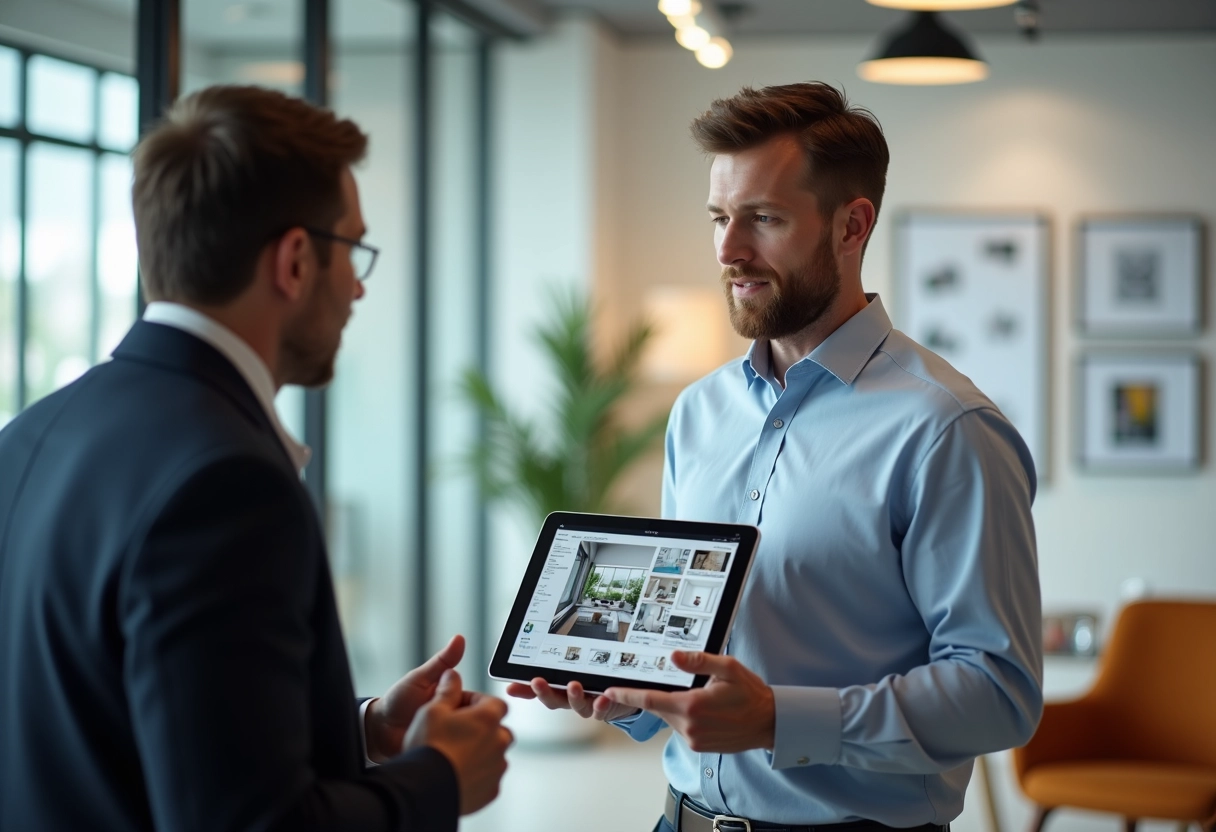 Homme professionnel discutant avec un client en bureau lumineux