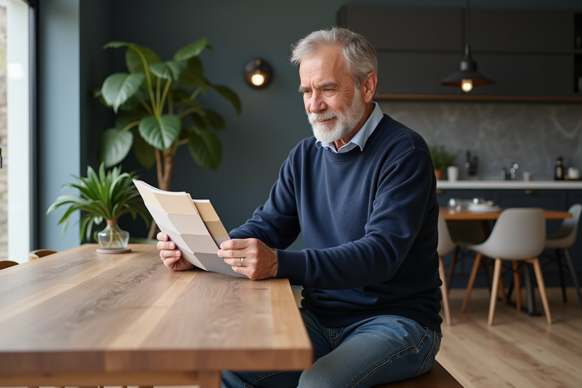 Homme examinant des échantillons de peinture dans une salle lumineuse