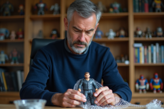 Homme d'âge moyen emballant une figurine avec du papier bulle