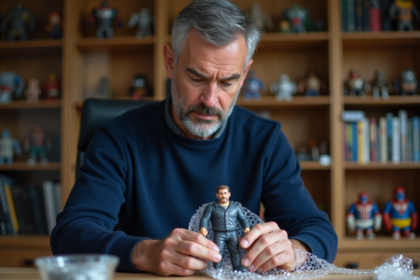 Homme d'âge moyen emballant une figurine avec du papier bulle