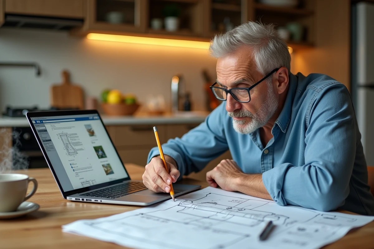 Homme étudiant des plans de bricolage sur papier et ordinateur portable dans sa cuisine