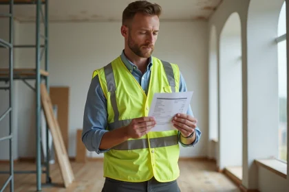 Homme en vestiaire haute visibilité examine une facture de scaffolding