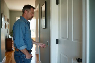 Homme inspectant une porte intérieure dans un couloir moderne