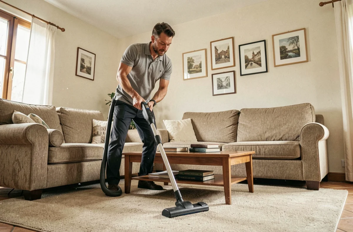 Homme en train de passer l'aspirateur dans le salon d'une maison particulière en France