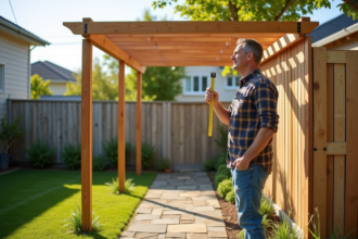 Homme mesurant une pergola en bois dans un jardin