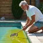 Homme inspectant une piscine avec des algues jaunes