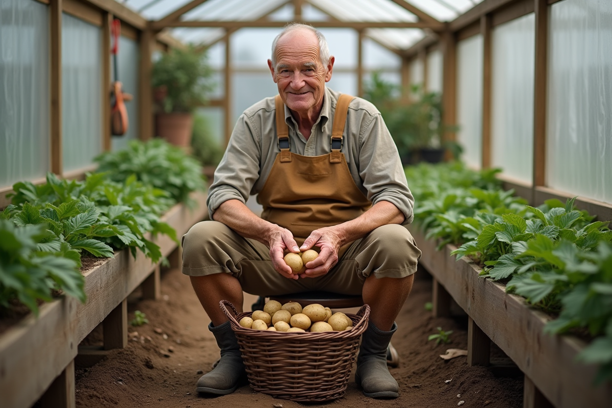 Homme âgé triant des pommes de terre dans une serre