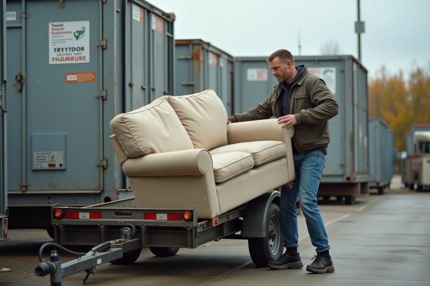 Homme en jeans soulevant un vieux canapé beige au centre de recyclage