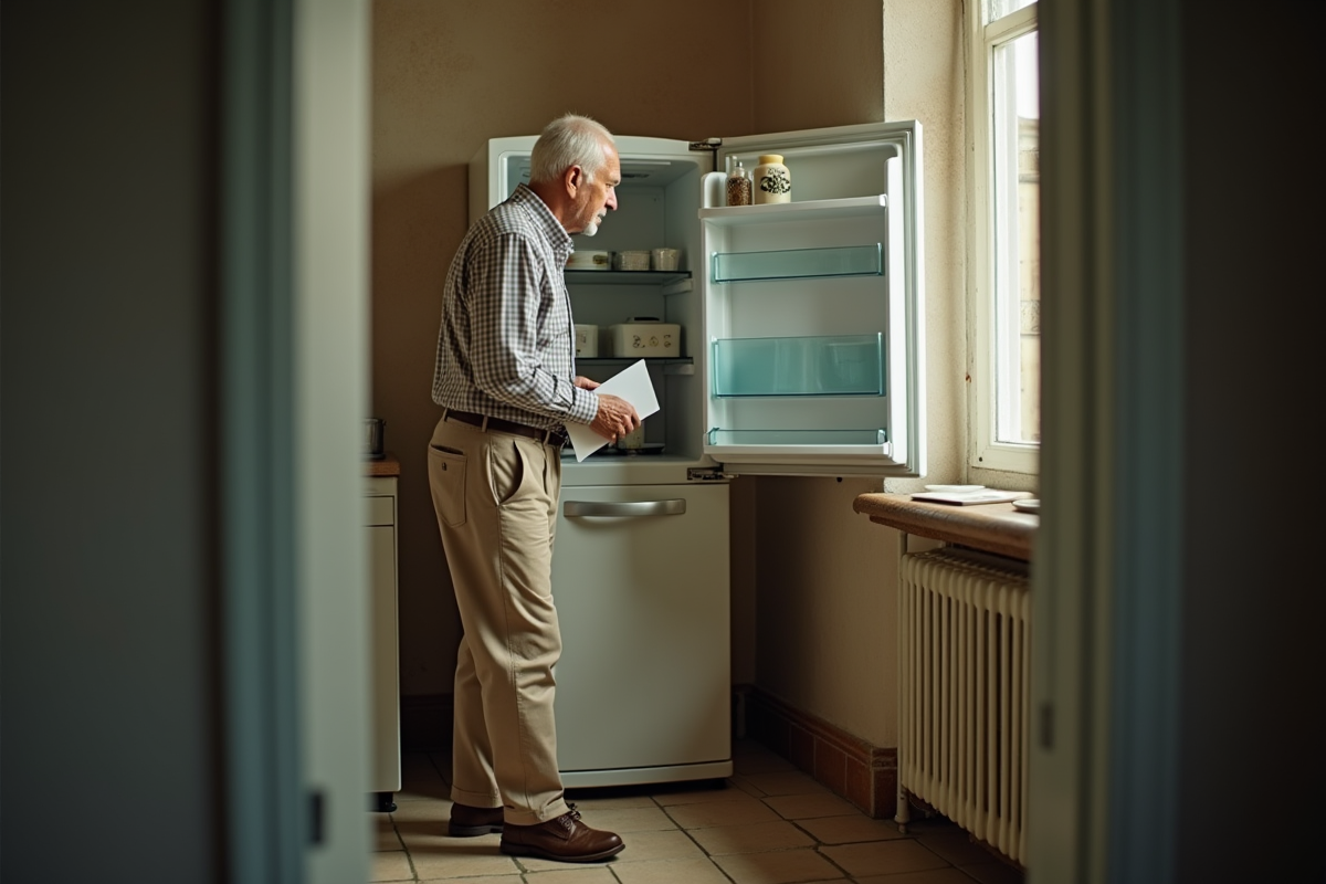 Homme âgé inspectant un vieux réfrigérateur dans la cuisine