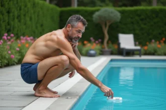 Homme d'âge moyen testant l'eau de la piscine