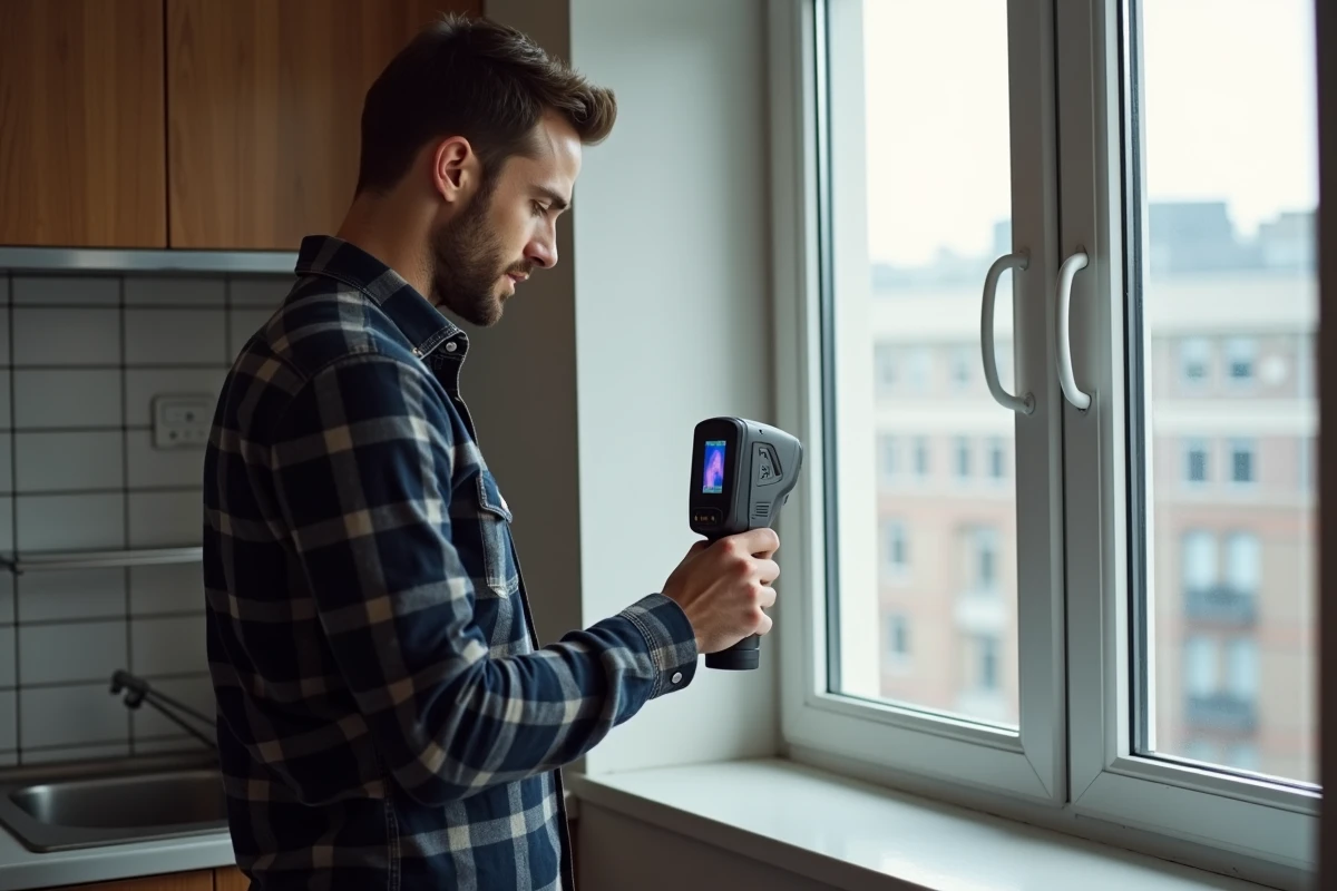 Homme utilisant une camera thermique sur une fenêtre