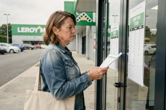 Femme lisant les horaires affichés à l'entrée d'un magasin Leroy Merlin pendant la période des soldes