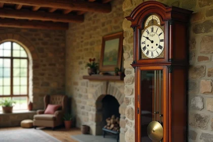 Horloge comtoise ancienne restaurée avec cadran émaillé et balancier en laiton dans une maison de campagne en pierre