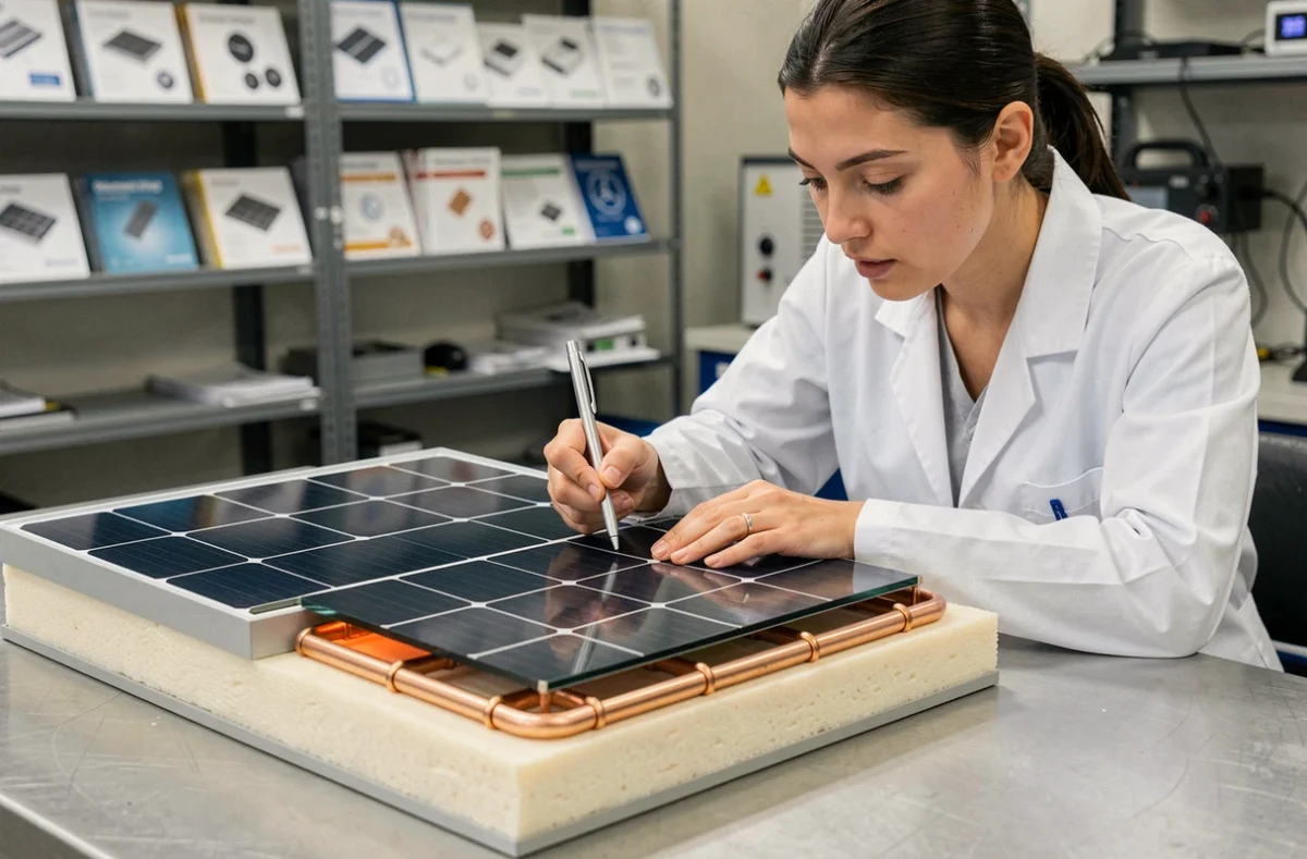 Ingénieure présentant la coupe transversale d'un panneau solaire hybride en atelier technique