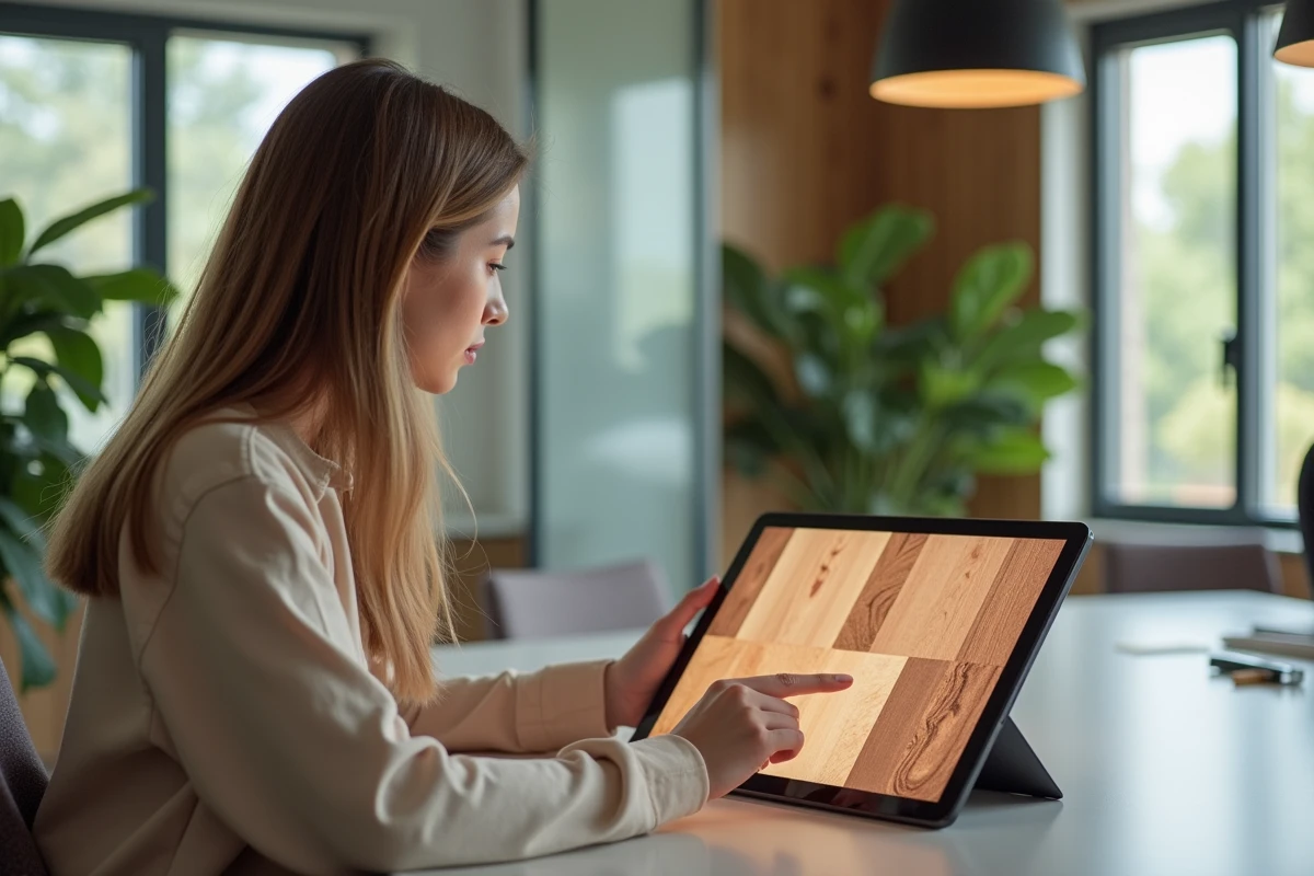 Jeune femme ingénieure examinant un simulateur de motifs en bois sur tablette