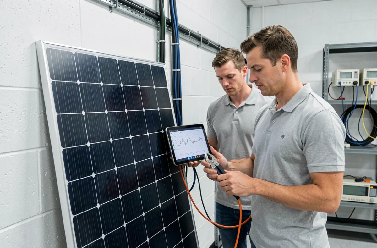 Deux ingénieurs analysant les performances d'un panneau solaire en laboratoire