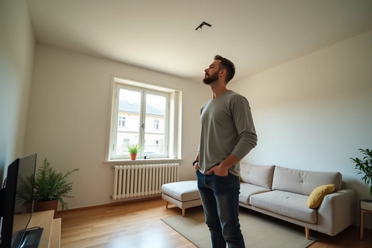 Propriétaire inspectant un défaut au plafond de sa maison pouvant impacter le prix de l'assurance habitation