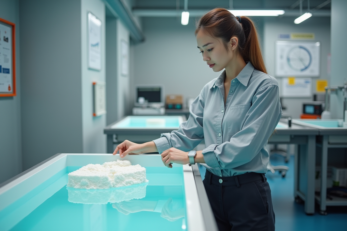 Ingénieure analysant un échantillon de polystyrene en laboratoire