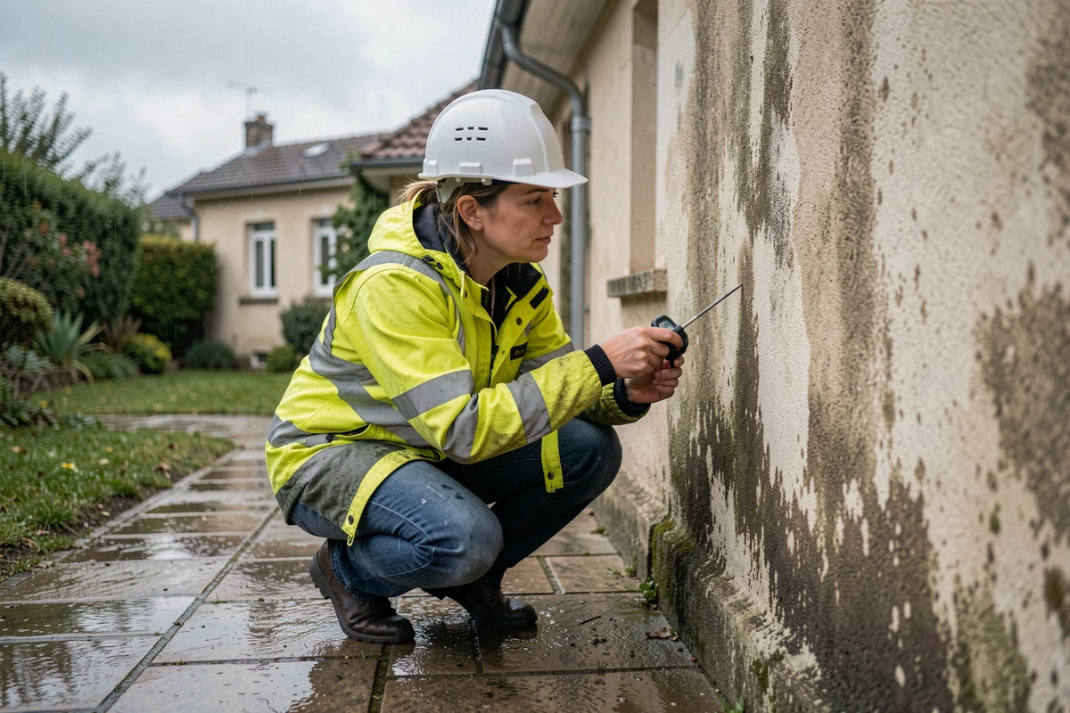 Inspectrice mesurant l'humidité d'un mur en parpaings enduit sur une maison en climat pluvieux