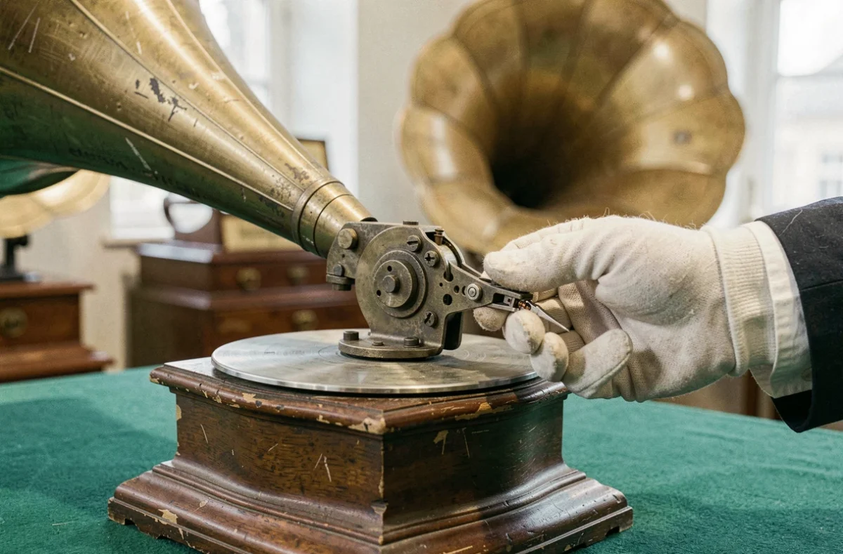 Gros plan sur le bras de lecture et le pavillon d'un gramophone ancien examiné par un expert en salle de vente