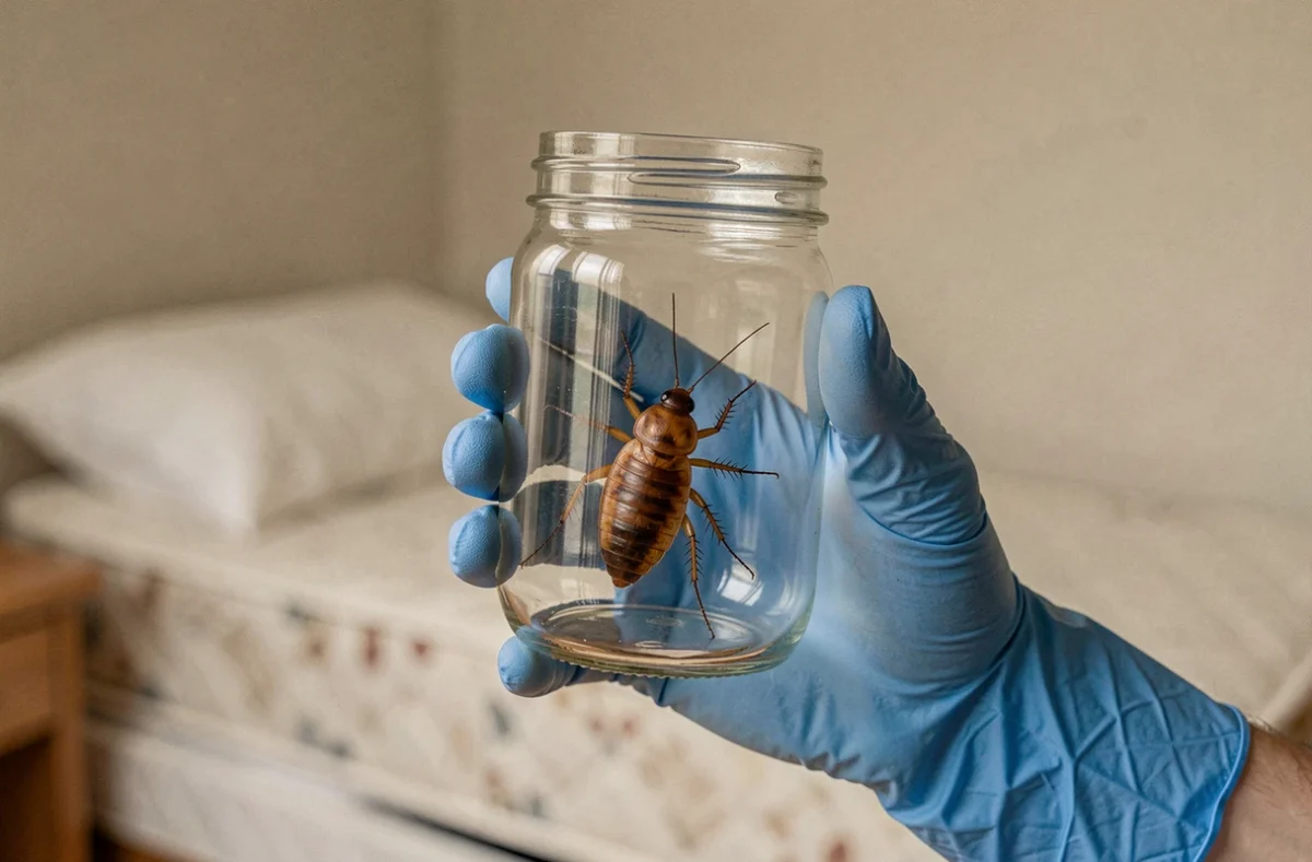 Main gantée tenant un bocal en verre contenant une punaise de lit lors d'une inspection dans une chambre à coucher