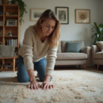 Femme inspectant un vieux tapis dans un salon cozy