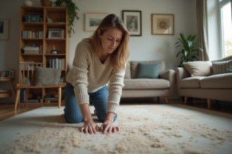 Femme inspectant un vieux tapis dans un salon cozy