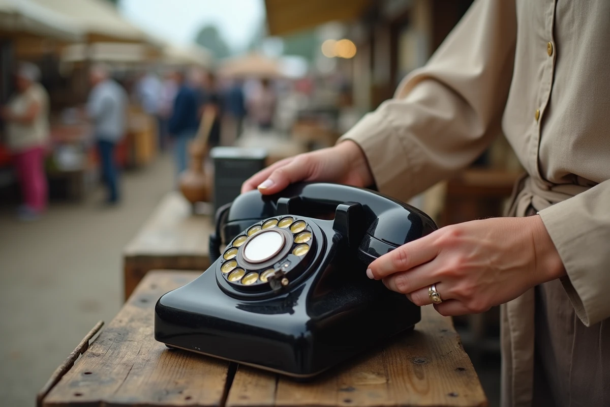 Femme inspectant un téléphone à cadran rotatif en bakélite noire sur un marché aux puces pour évaluer ses défauts