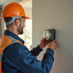 Électricien installant un compteur Linky dans un salon lumineux