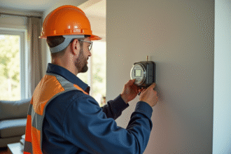 Électricien installant un compteur Linky dans un salon lumineux