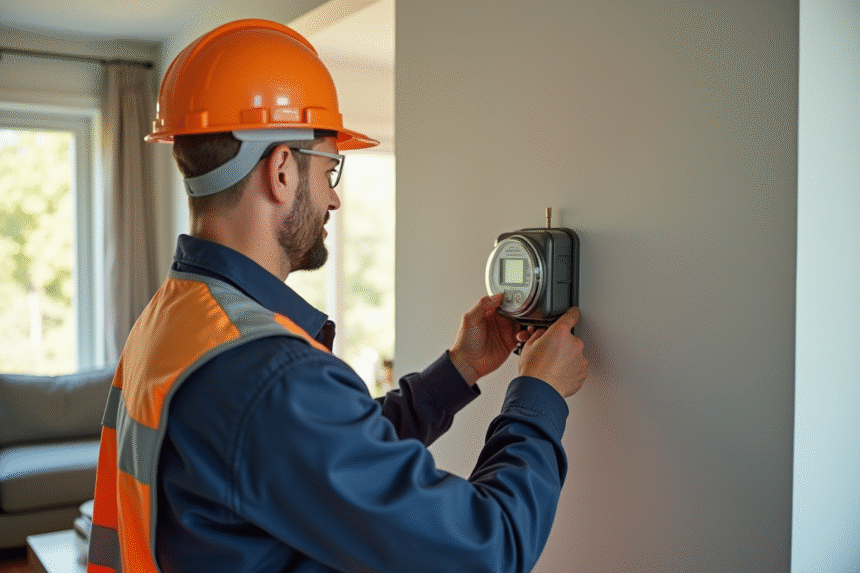 Électricien installant un compteur Linky dans un salon lumineux