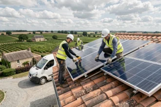 Équipe d'installateurs de panneaux solaires en Indre-et-Loire travaillant sur un toit de maison avec des vignobles en arrière-plan