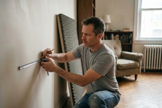 Homme mesurant un mur pour installer une cloison acoustique dans un appartement
