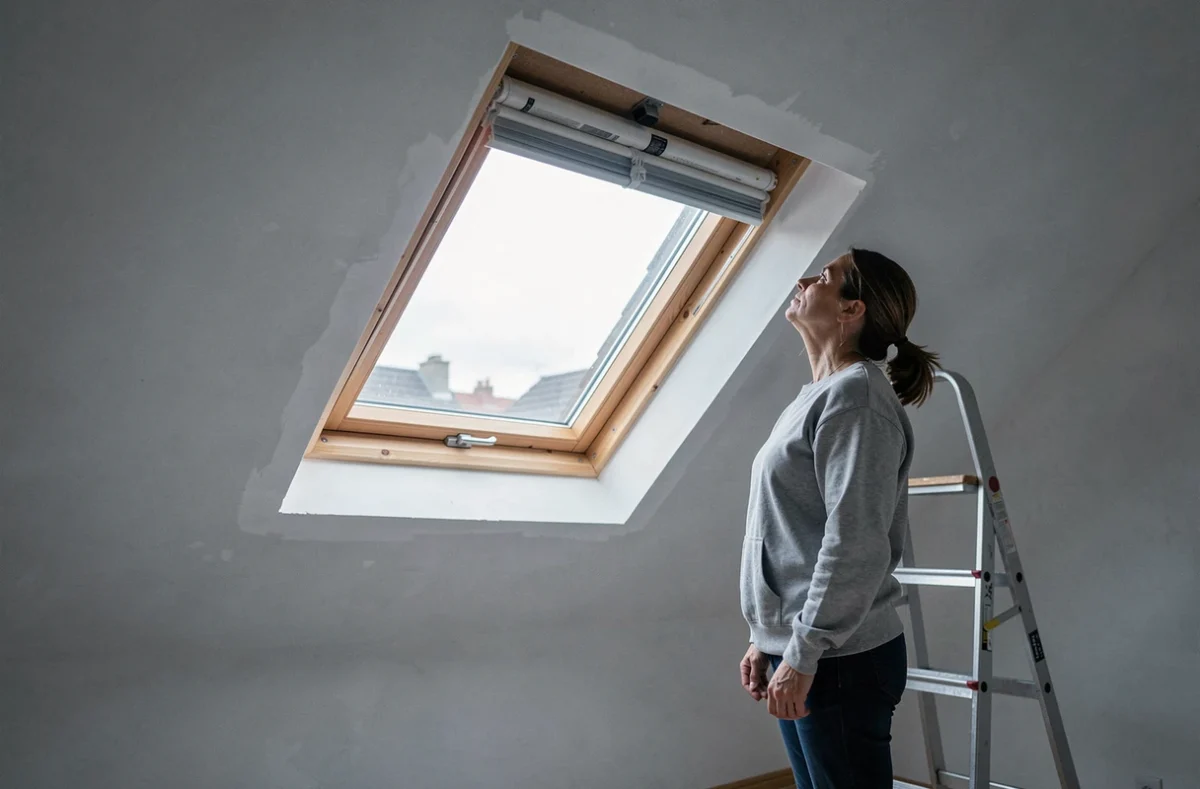 Femme observant une fenêtre Velux 55x78 nouvellement installée dans une chambre mansardée en cours de rénovation