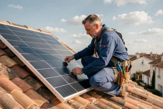 Technicien installant un panneau solaire de 1000 watts sur un toit résidentiel en France