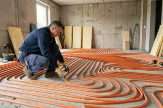 Technicien posant un réseau de tubes PEX pour plancher chauffant sur dalle béton en chantier