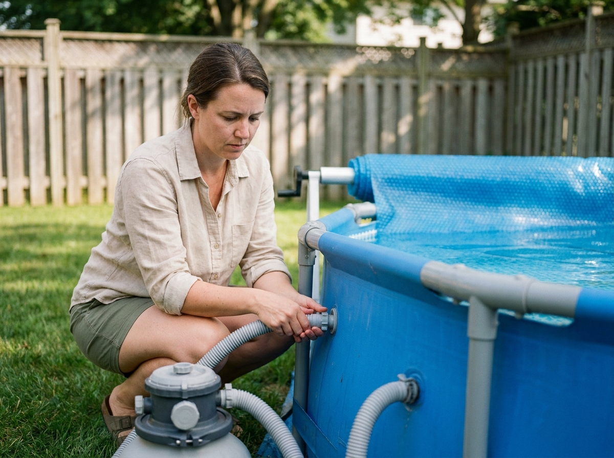 Femme installant une pompe de filtration sur une piscine hors sol ronde dans un jardin résidentiel
