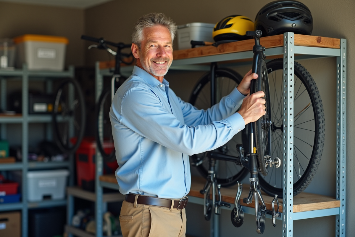 Homme installe des crochets à vélos dans un garage bien rangé