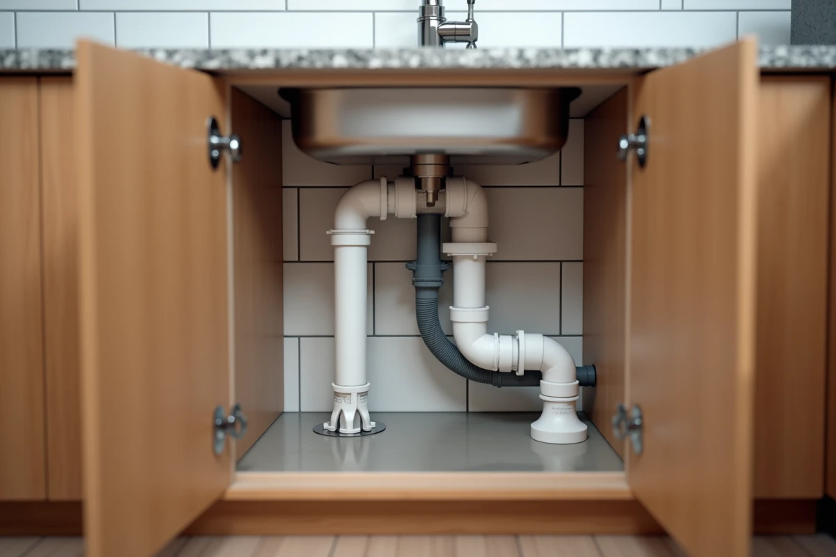 Installation terminée d'un raccord en Y reliant le lave-vaisselle au siphon sous un évier de cuisine moderne