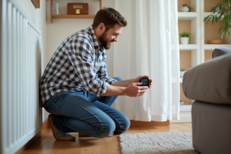 Homme installé un thermostat intelligent dans un salon lumineux