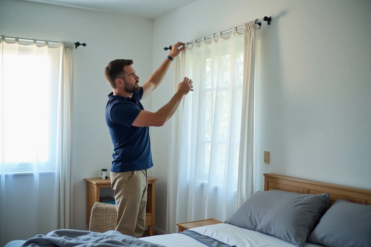 Homme fixant des supports adhésifs pour rideaux isolants sans perçage sur un mur blanc dans une chambre
