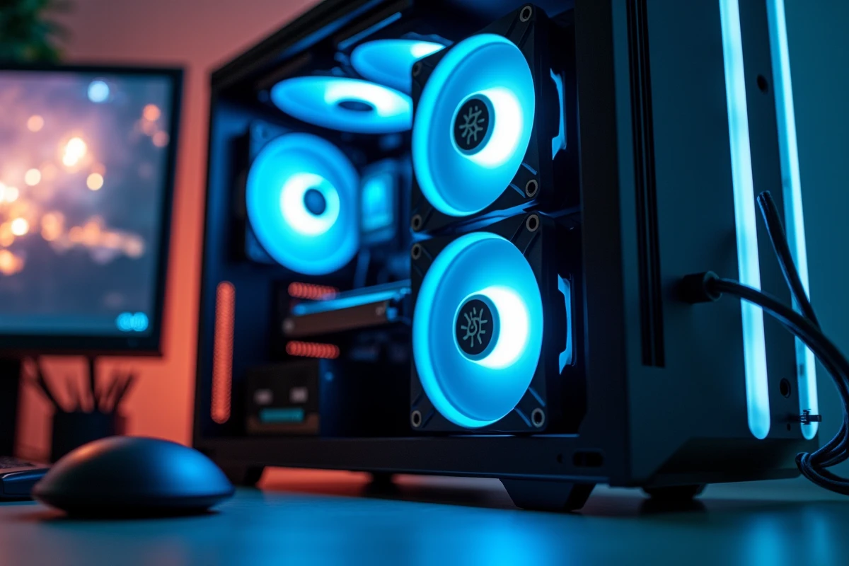 Vue intérieure d'un boitier aquarium PC avec ventilateurs d'aspiration et gestion des câbles