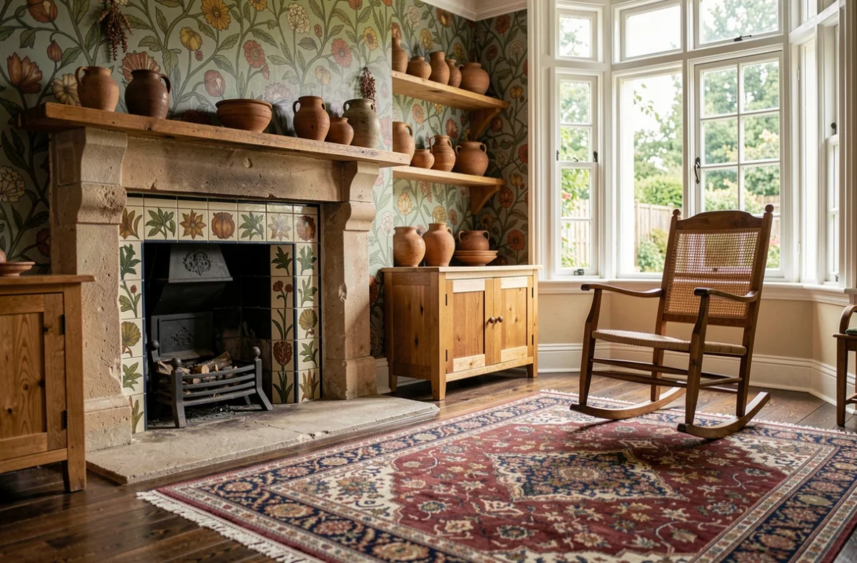 Intérieur Arts and Crafts avec cheminée en pierre, papier peint William Morris et mobilier artisanal en bois