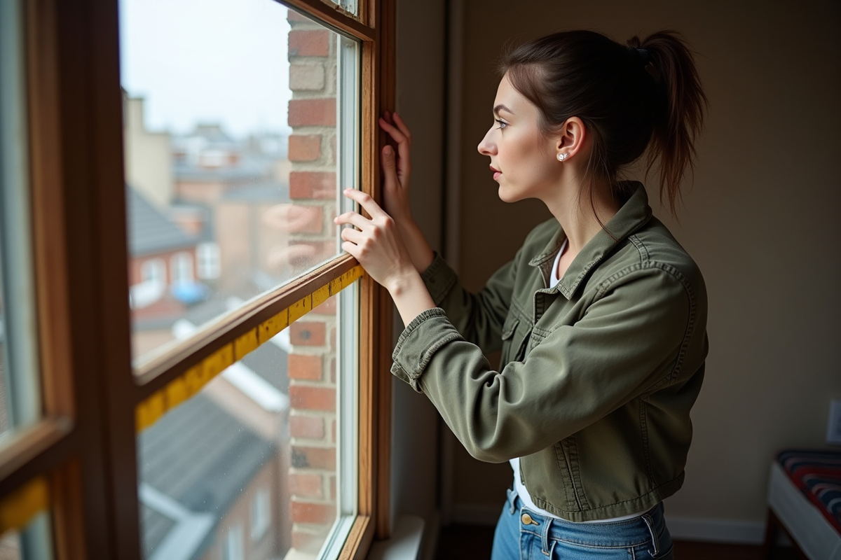Jeune femme appliquant du ruban isolant sur une fenêtre