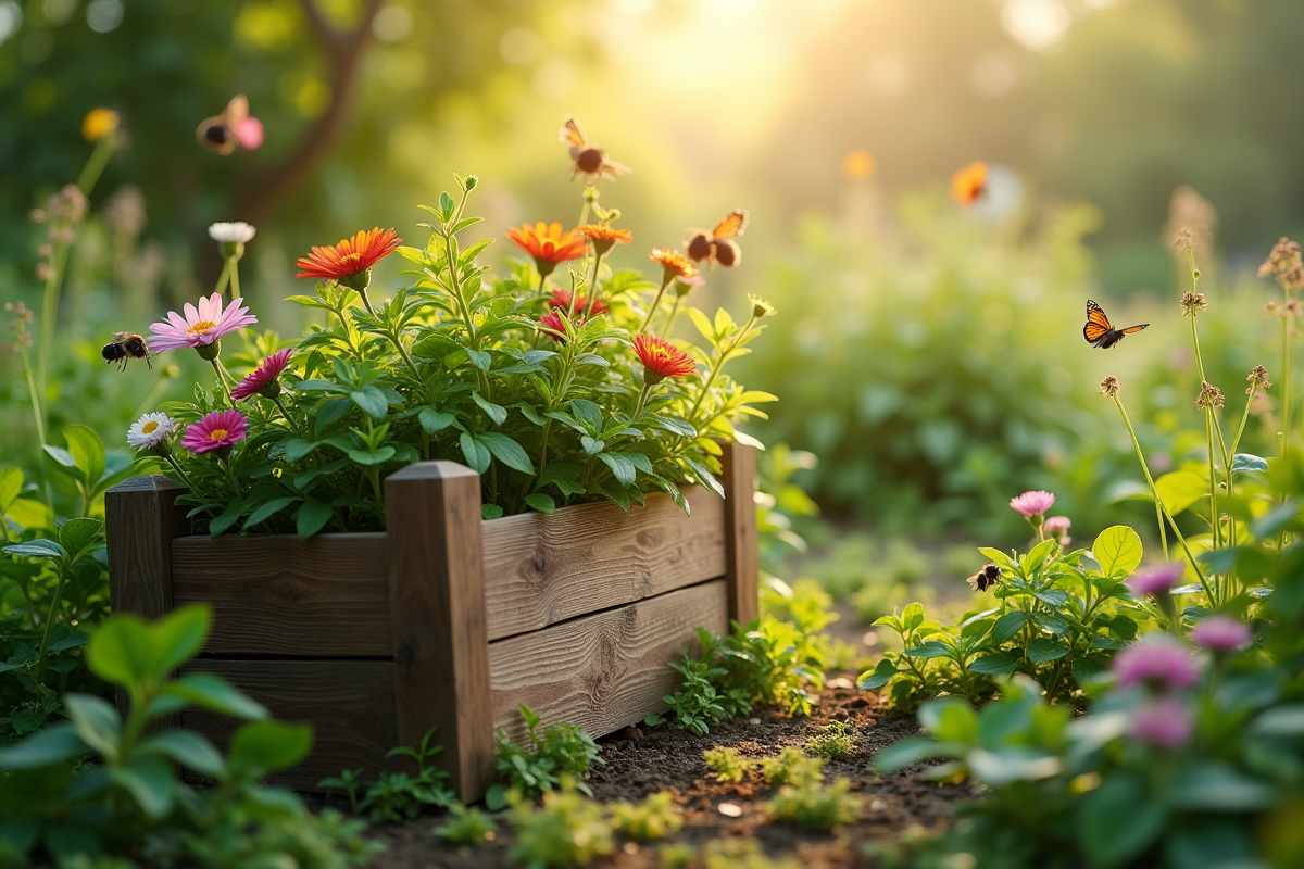 Jardin avec jardiniere en bois et insectes comme abeilles et papillons