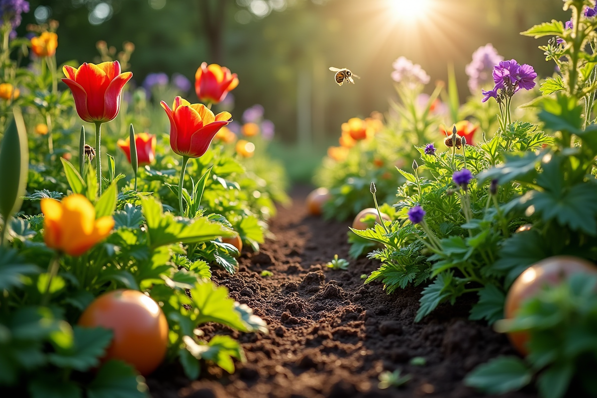 Jardin coloré avec fleurs légumes et insectes en pleine floraison